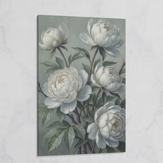White Peonies in Bloom, Floral Still Life Canvas Wall Art on gallery wrap