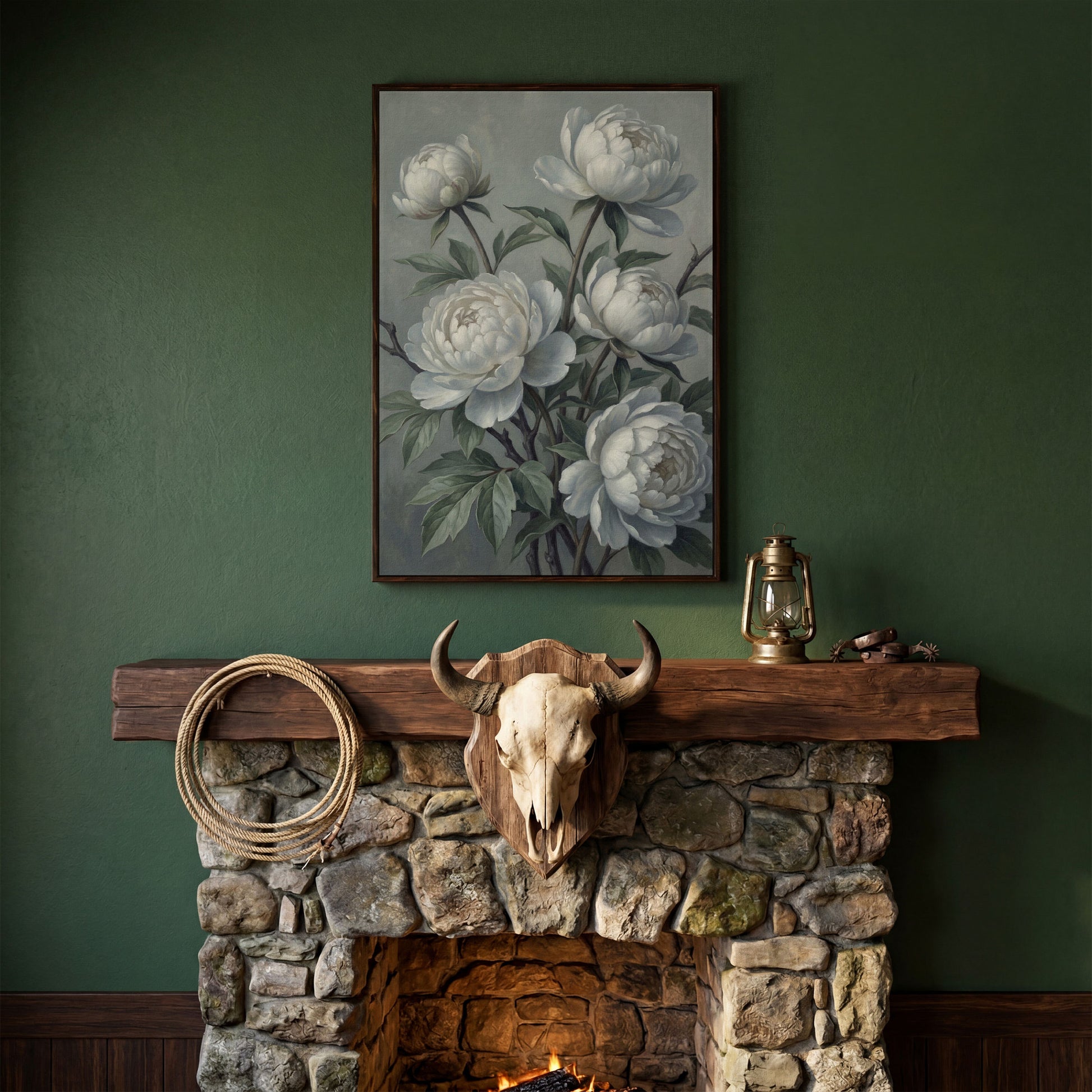 White Peonies in Bloom, Floral Still Life Canvas Wall Art in dark walnut floating frame