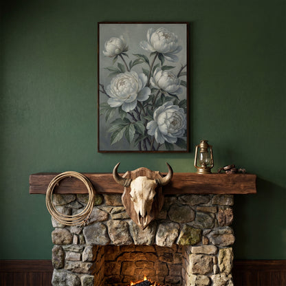 White Peonies in Bloom, Floral Still Life Canvas Wall Art in dark walnut floating frame