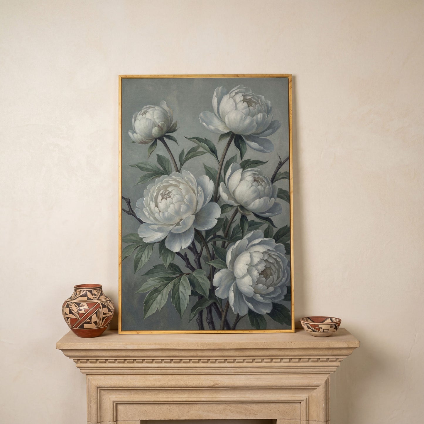 White Peonies in Bloom, Floral Still Life Canvas Wall Art in white oak floating frame