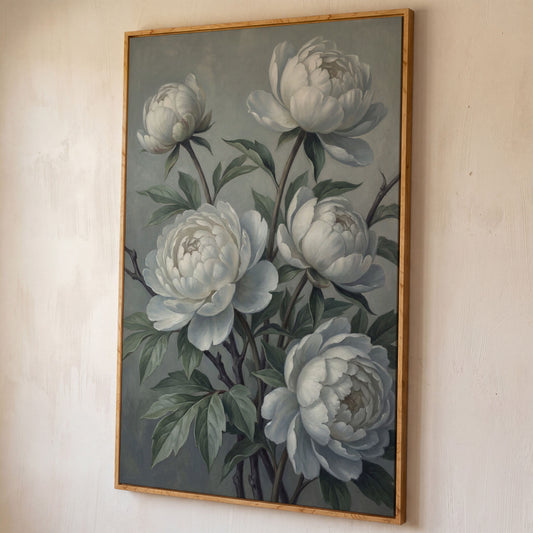 White Peonies in Bloom, Floral Still Life Canvas Wall Art shown in white oak floating frame