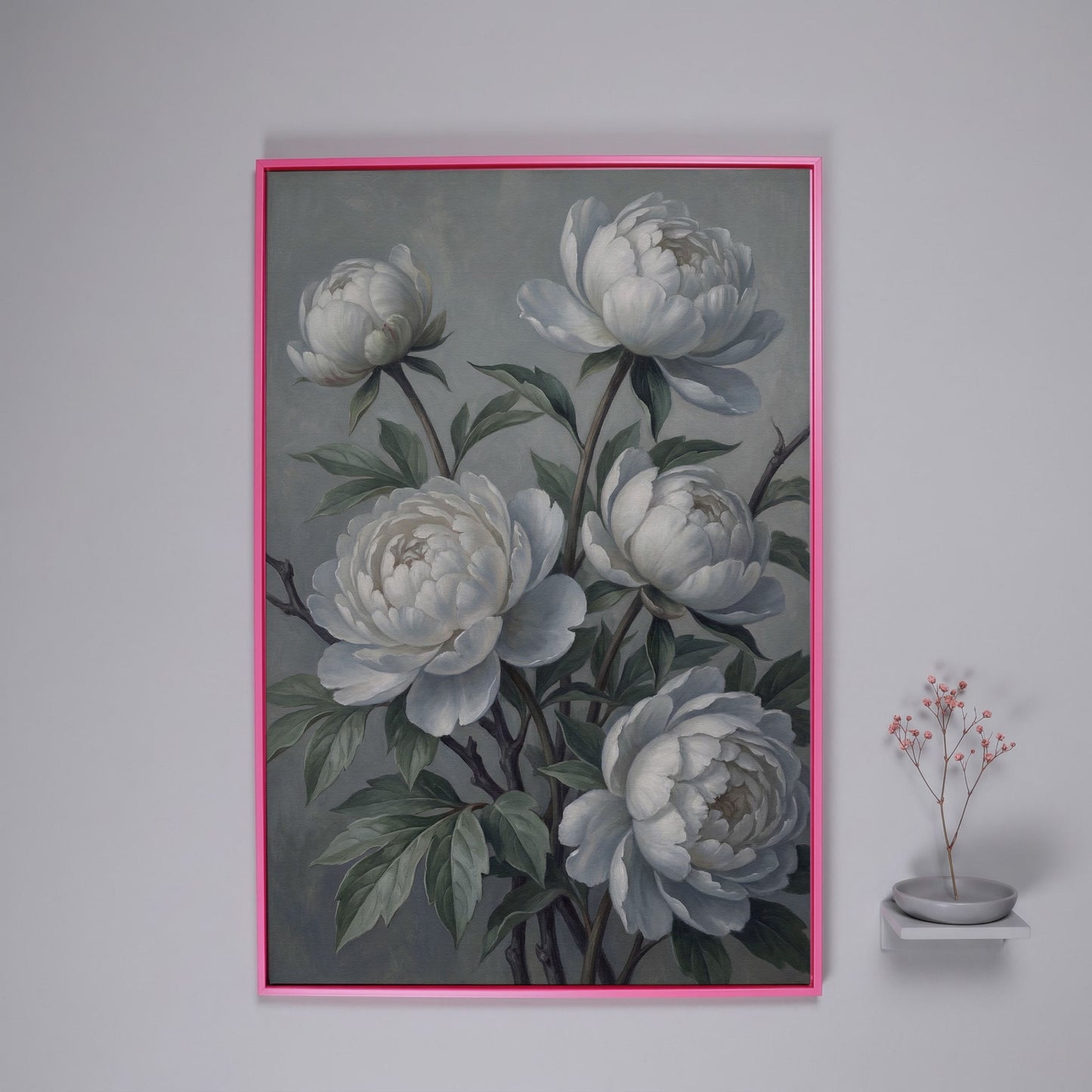 White Peonies in Bloom, Floral Still Life Canvas Wall Art in pink floating frame