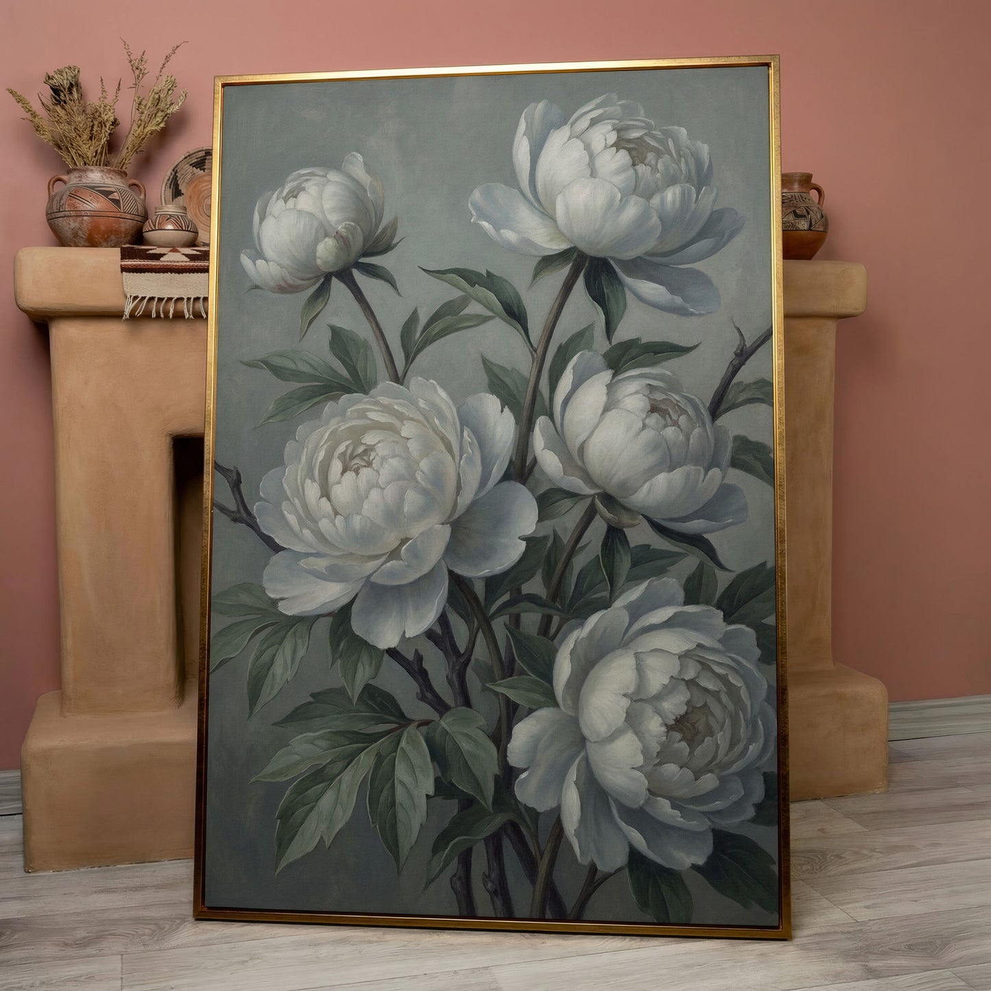 White Peonies in Bloom, Floral Still Life Canvas Wall Art in rose gold floating frame
