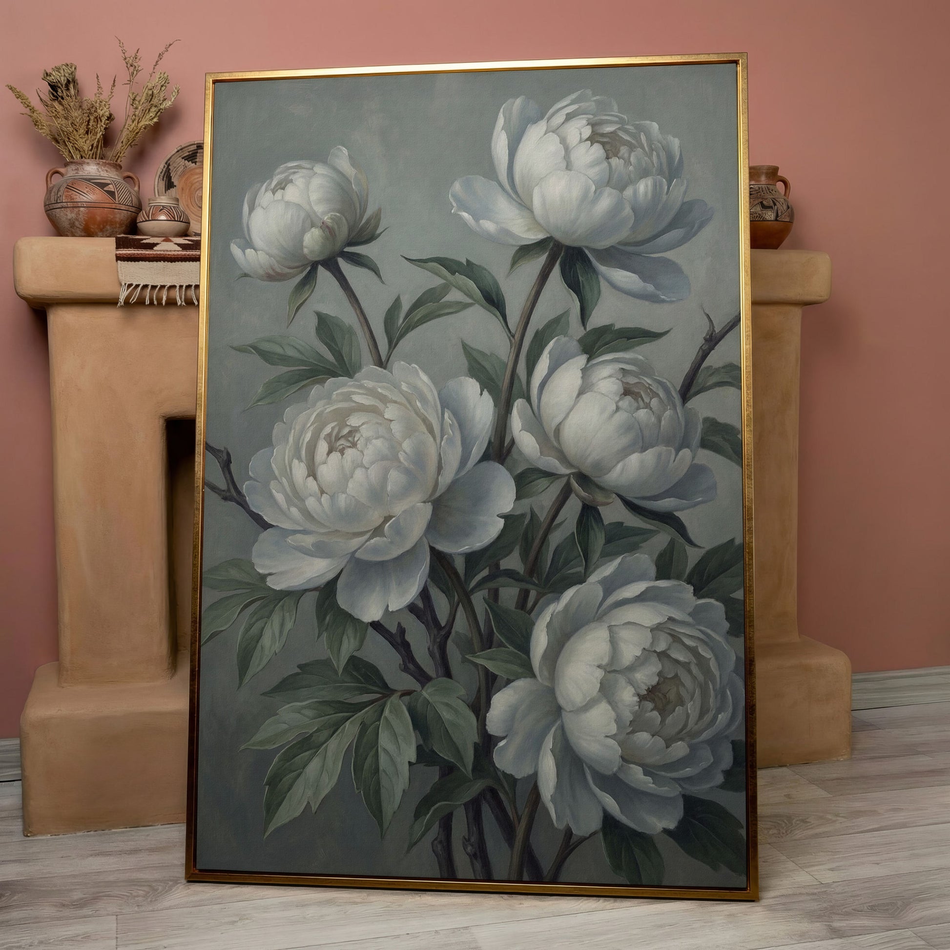 White Peonies in Bloom, Floral Still Life Canvas Wall Art in rose gold floating frame