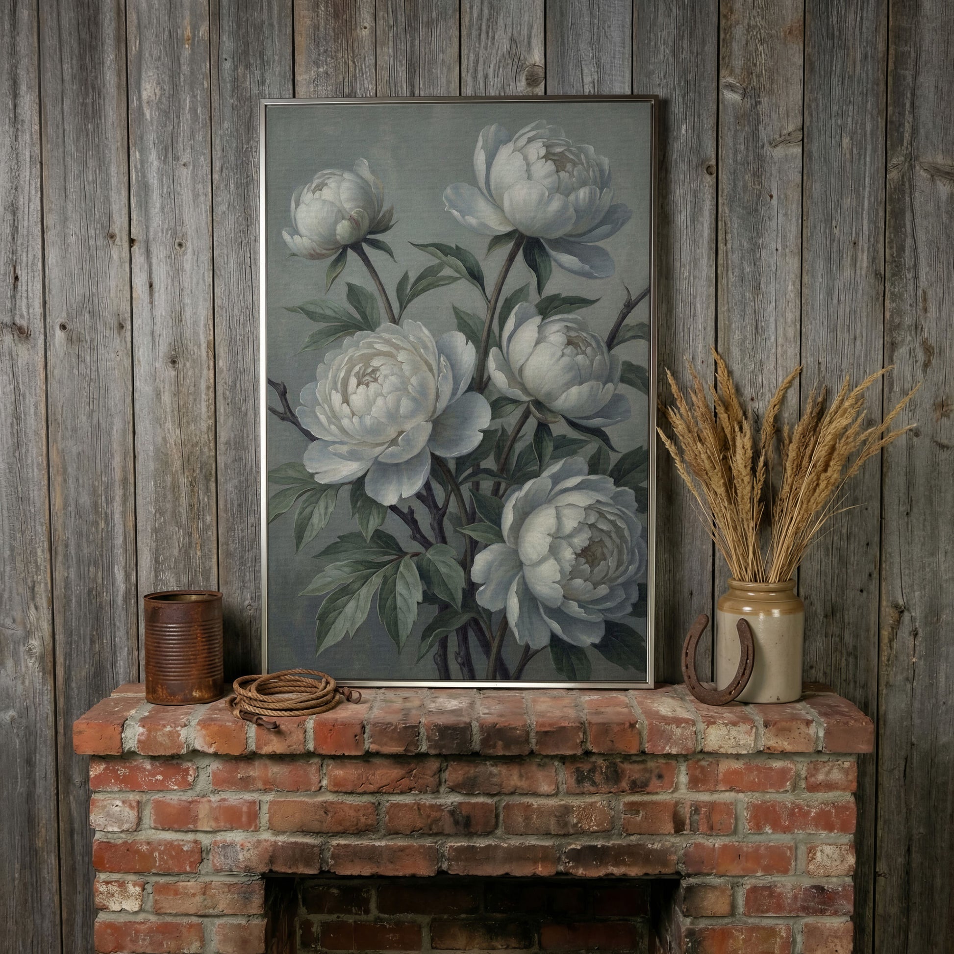 White Peonies in Bloom, Floral Still Life Canvas Wall Art in silver floating frame