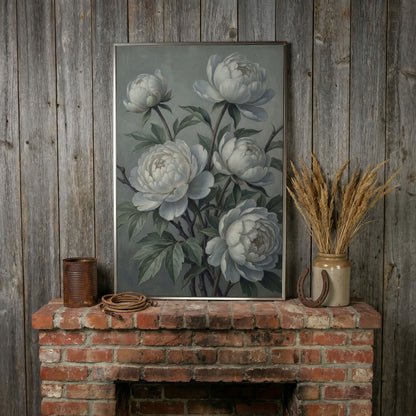 White Peonies in Bloom, Floral Still Life Canvas Wall Art in silver floating frame