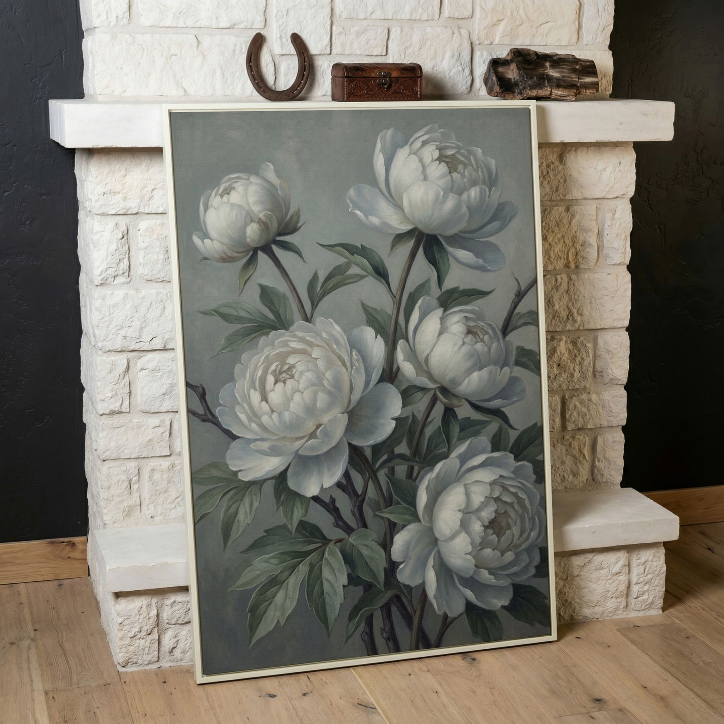 White Peonies in Bloom, Floral Still Life Canvas Wall Art in white floating frame