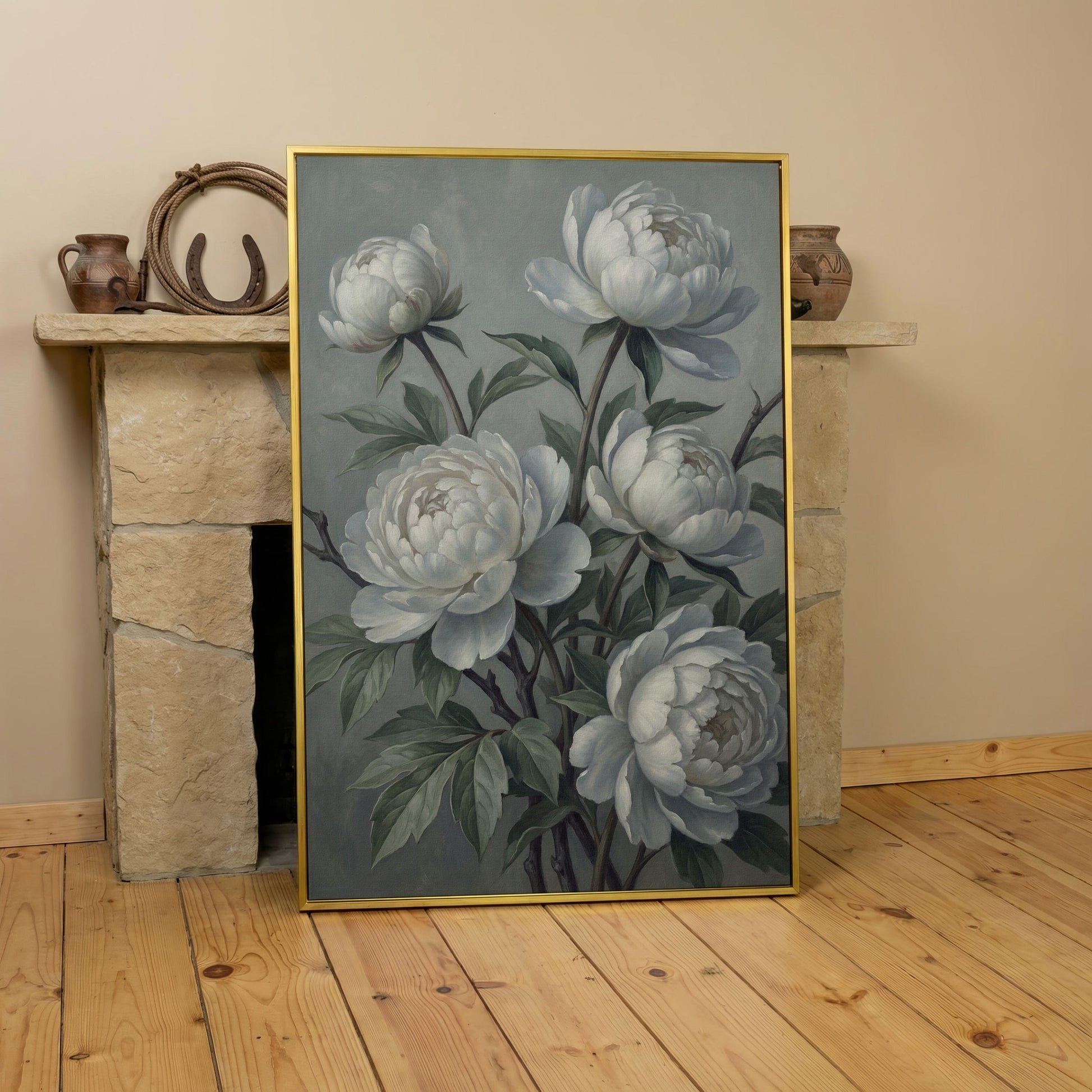 White Peonies in Bloom, Floral Still Life Canvas Wall Art in yellow gold floating frame