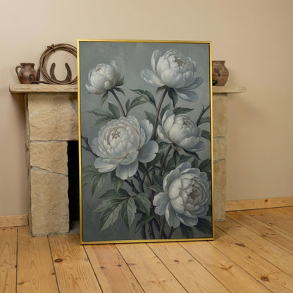 White Peonies in Bloom, Floral Still Life Canvas Wall Art in yellow gold floating frame