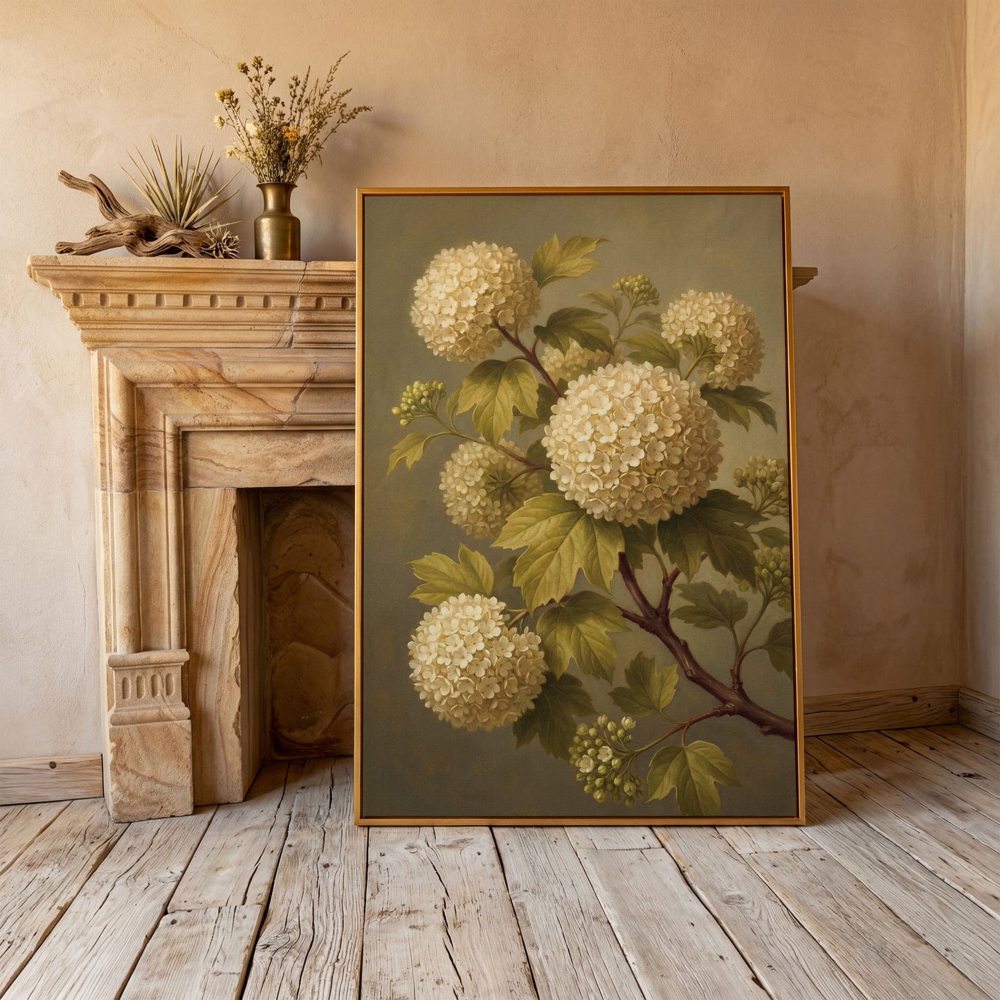 Snowball Viburnum Botanical Canvas Art, Sage Green Floral Portrait in antique gold floating frame