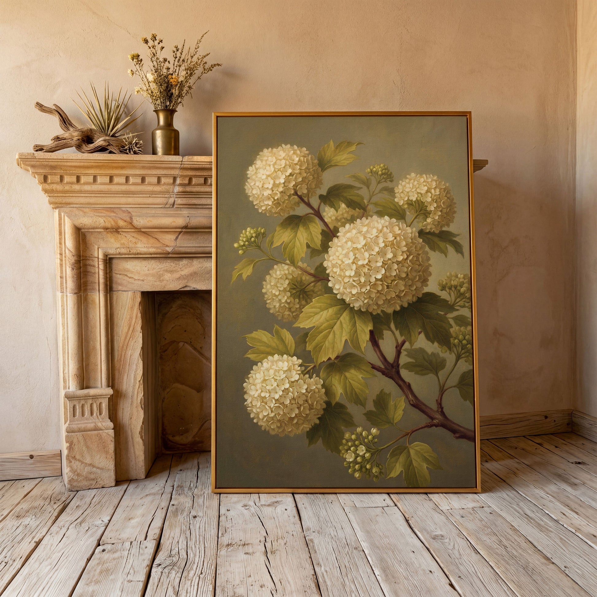 Snowball Viburnum Botanical Canvas Art, Sage Green Floral Portrait in antique gold floating frame