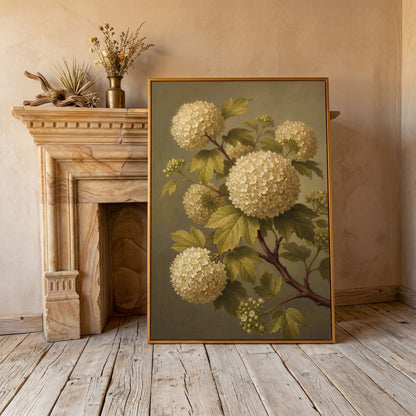 Snowball Viburnum Botanical Canvas Art, Sage Green Floral Portrait in antique gold floating frame