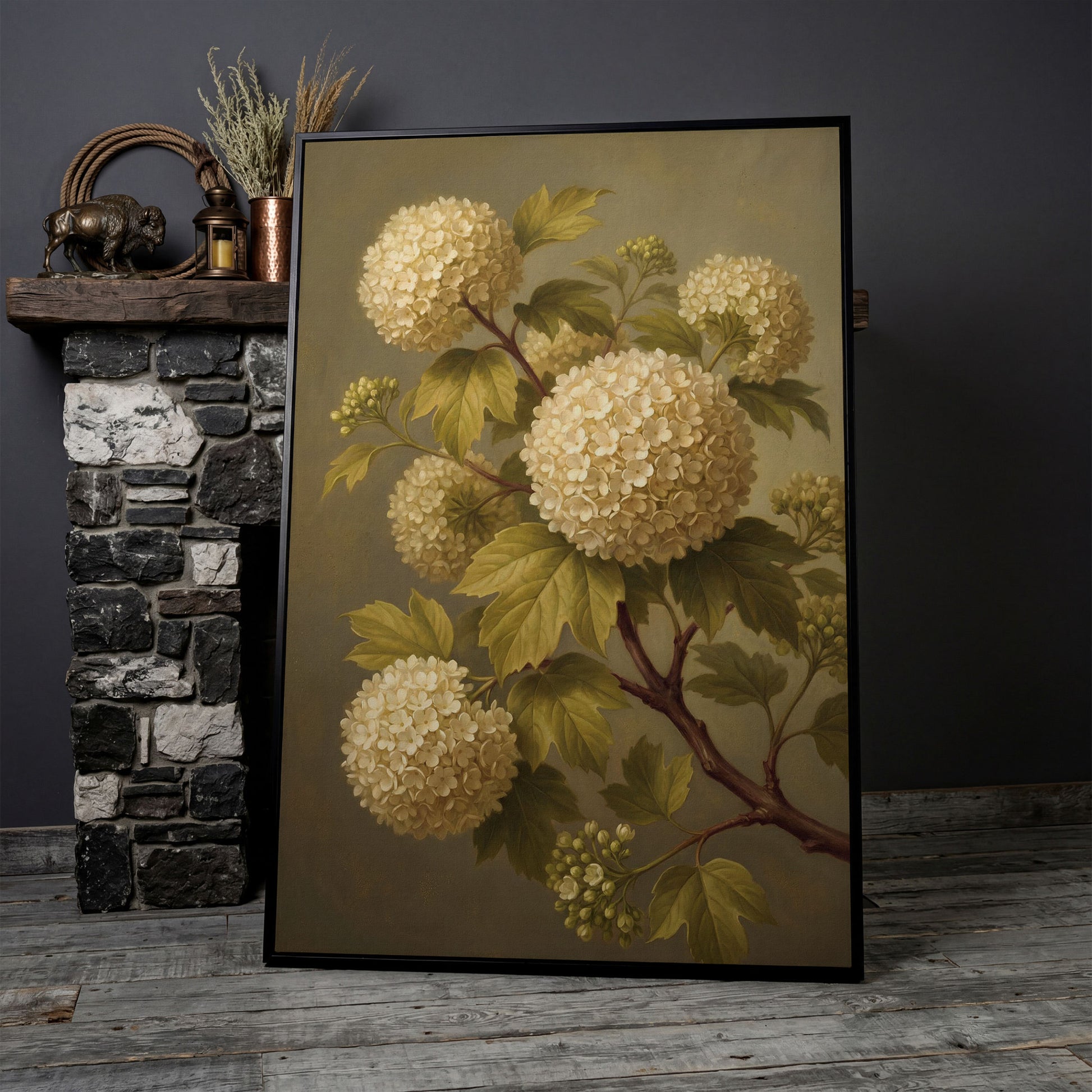 Snowball Viburnum Botanical Canvas Art, Sage Green Floral Portrait in black floating frame