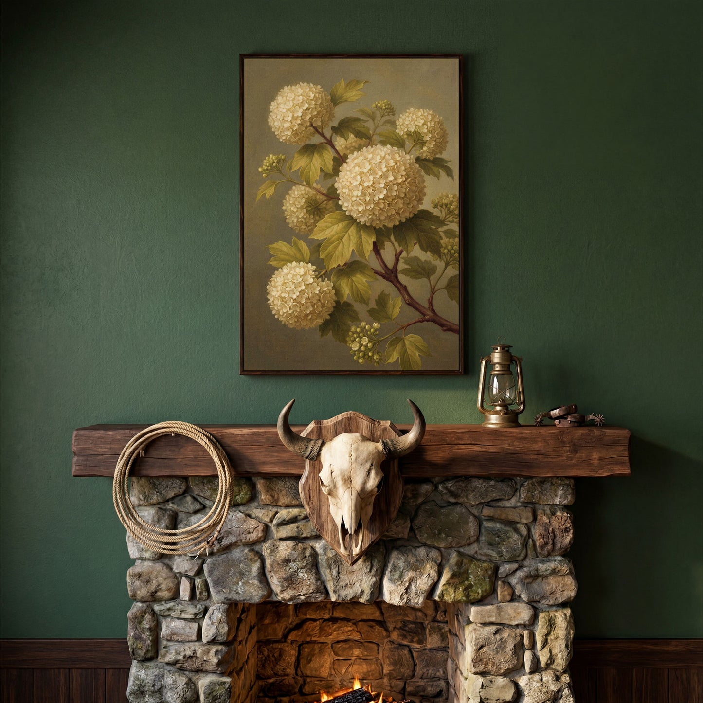 Snowball Viburnum Botanical Canvas Art, Sage Green Floral Portrait in dark walnut floating frame