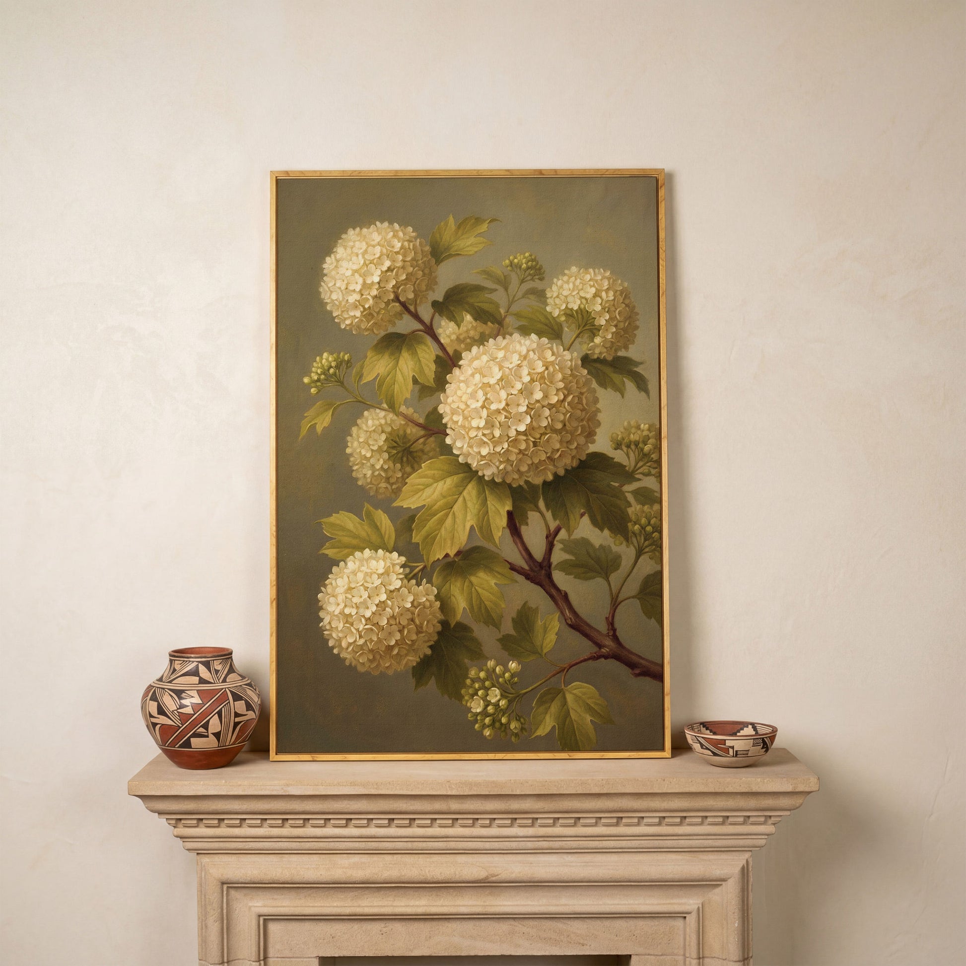 Snowball Viburnum Botanical Canvas Art, Sage Green Floral Portrait in white oak floating frame