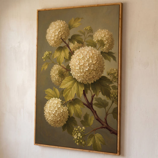 Snowball Viburnum Botanical Canvas Art, Sage Green Floral Portrait shown in white oak floating frame