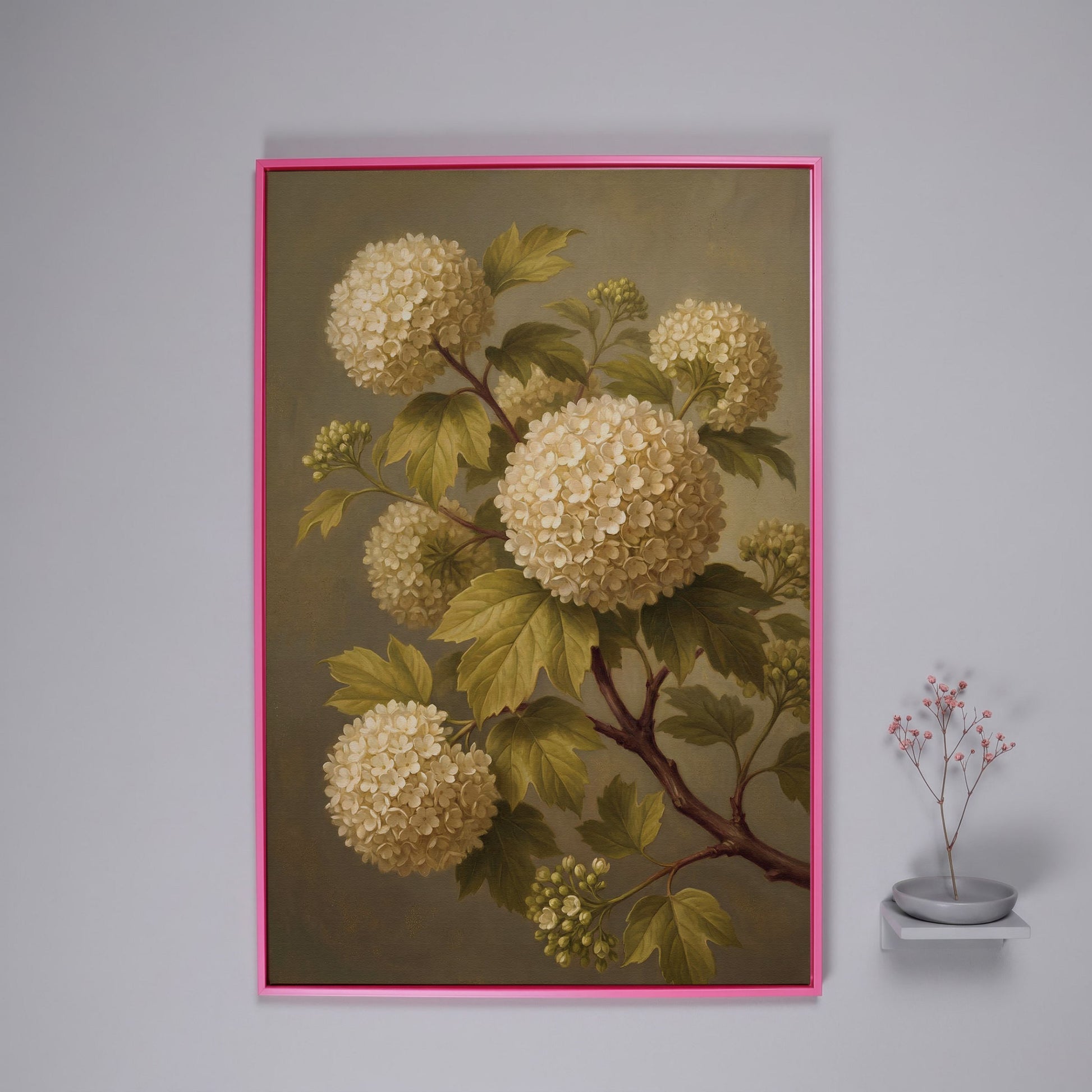 Snowball Viburnum Botanical Canvas Art, Sage Green Floral Portrait in pink floating frame