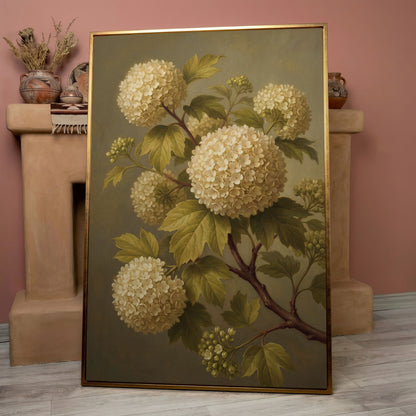 Snowball Viburnum Botanical Canvas Art, Sage Green Floral Portrait in rose gold floating frame