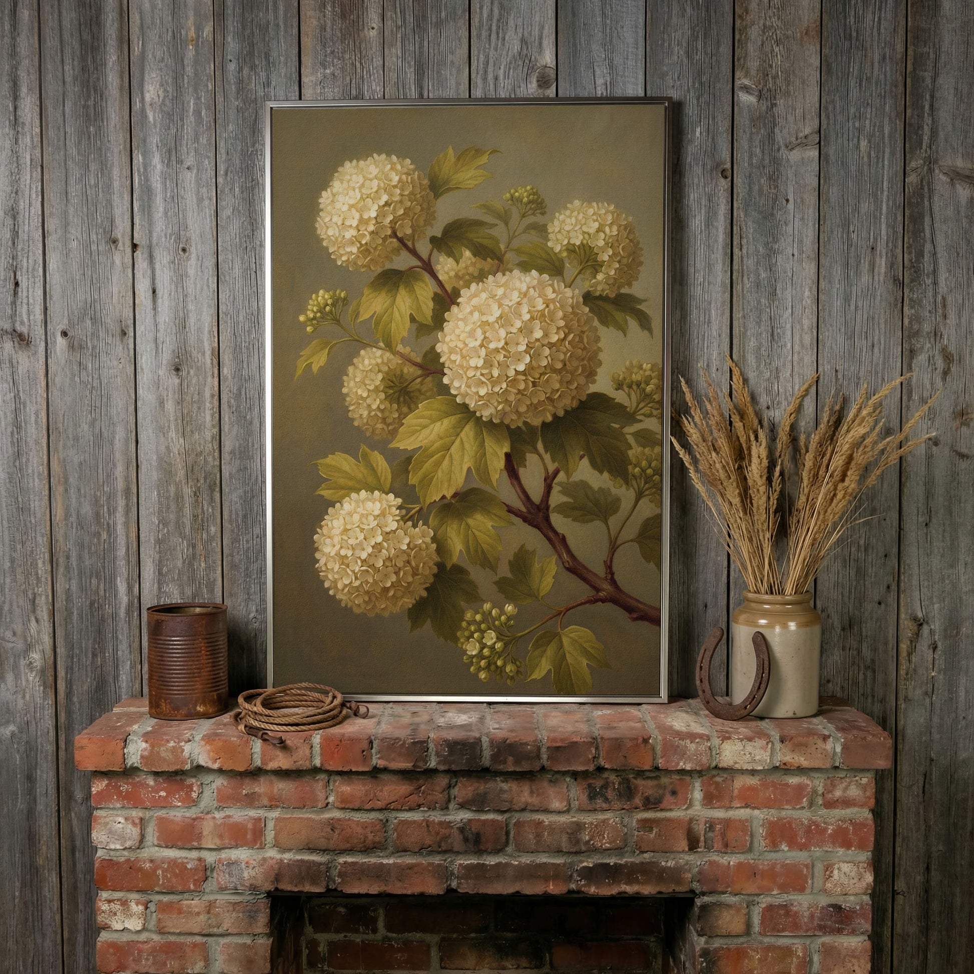 Snowball Viburnum Botanical Canvas Art, Sage Green Floral Portrait in silver floating frame