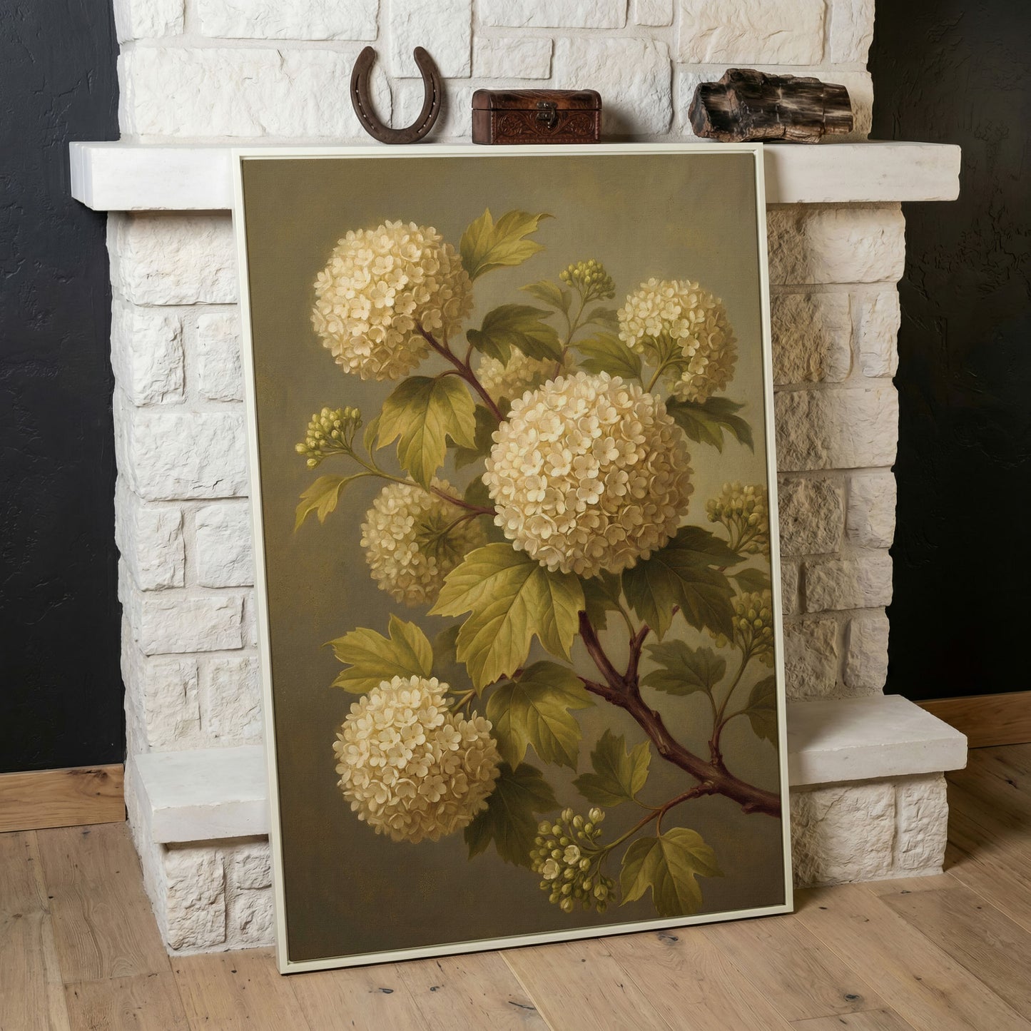 Snowball Viburnum Botanical Canvas Art, Sage Green Floral Portrait in white floating frame
