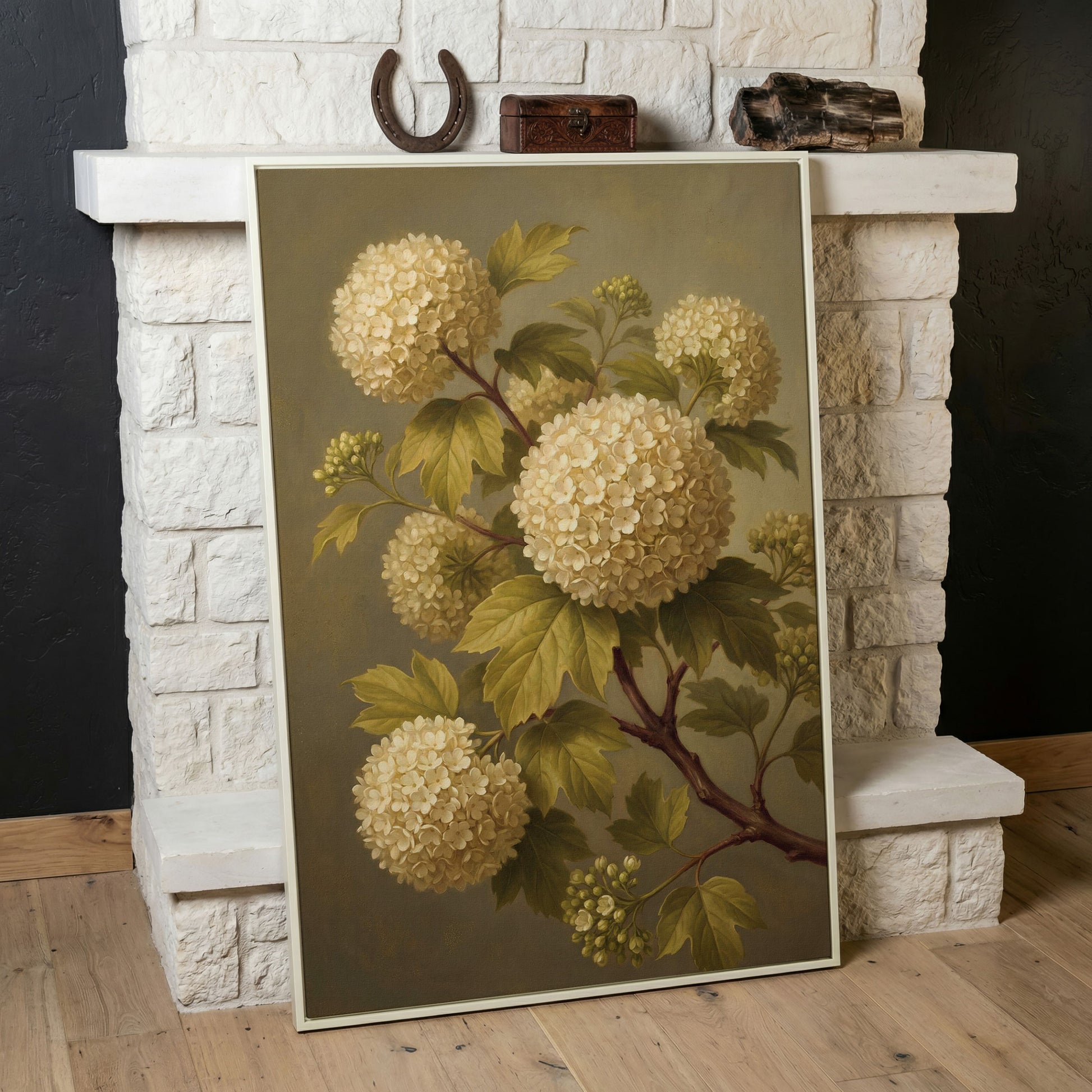 Snowball Viburnum Botanical Canvas Art, Sage Green Floral Portrait in white floating frame