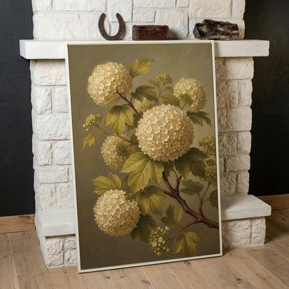 Snowball Viburnum Botanical Canvas Art, Sage Green Floral Portrait in white floating frame