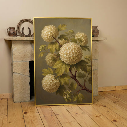 Snowball Viburnum Botanical Canvas Art, Sage Green Floral Portrait in yellow gold floating frame