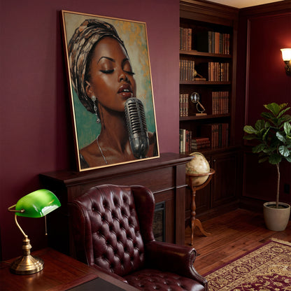 Soulful Jazz Singer Portrait Canvas Wall Art in antique gold floating frame