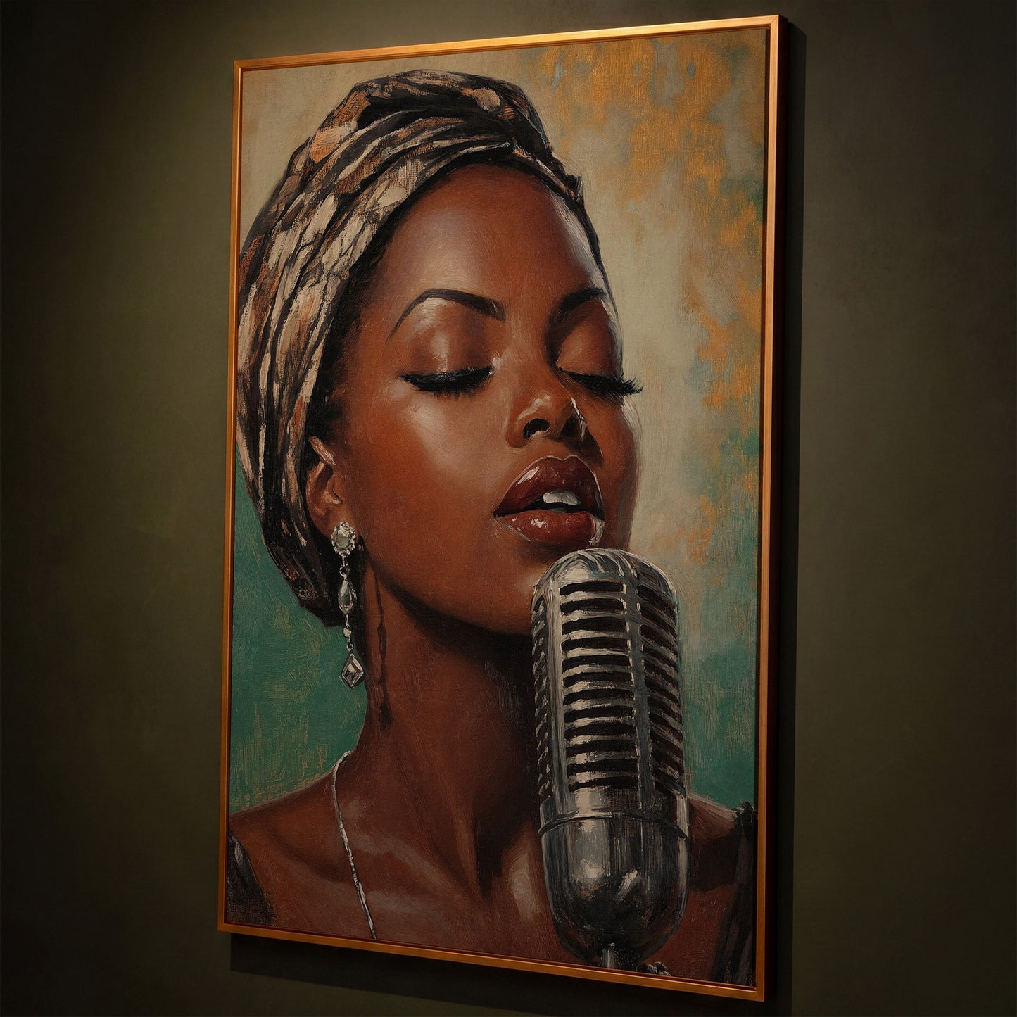 Soulful Jazz Singer Portrait Canvas Wall Art shown in antique gold floating frame