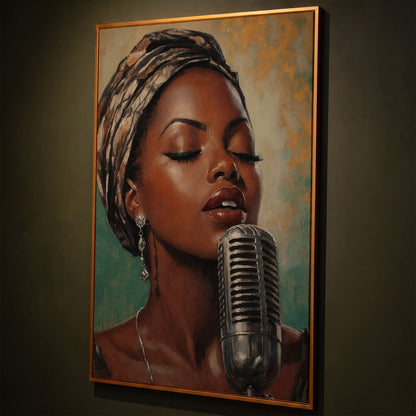 Soulful Jazz Singer Portrait Canvas Wall Art shown in antique gold floating frame