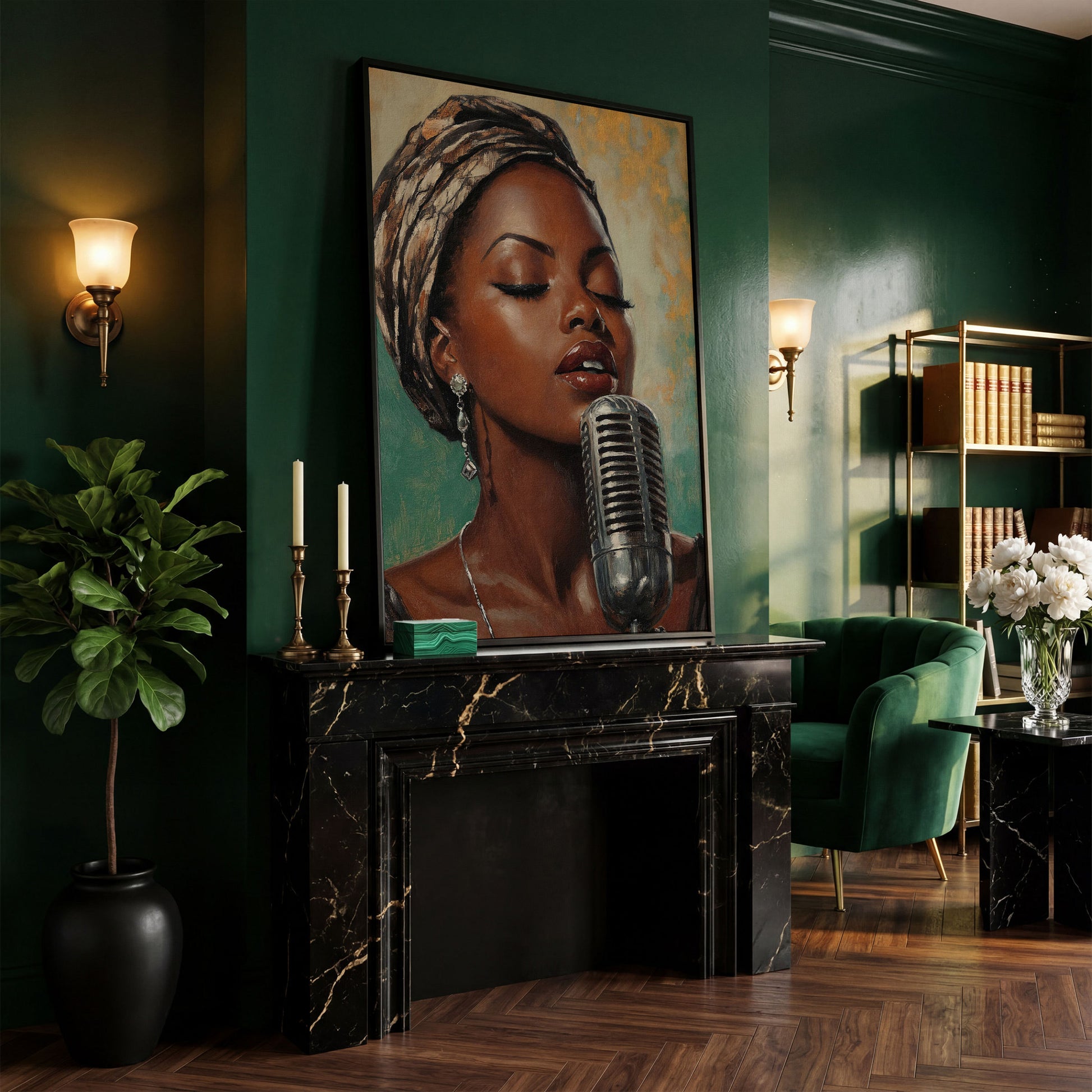 Soulful Jazz Singer Portrait Canvas Wall Art in black floating frame