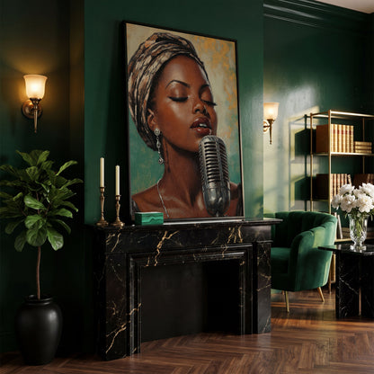 Soulful Jazz Singer Portrait Canvas Wall Art in black floating frame