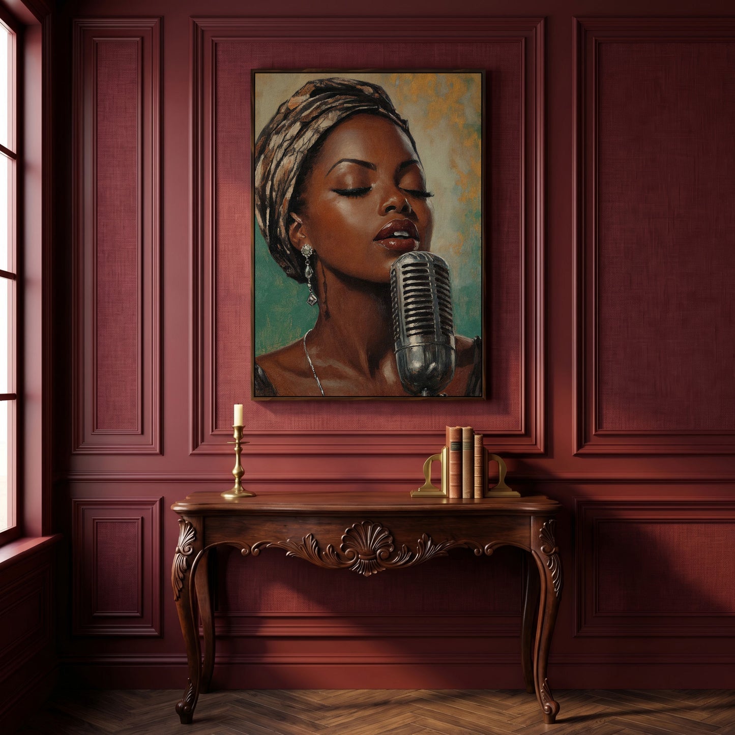 Soulful Jazz Singer Portrait Canvas Wall Art in dark walnut floating frame