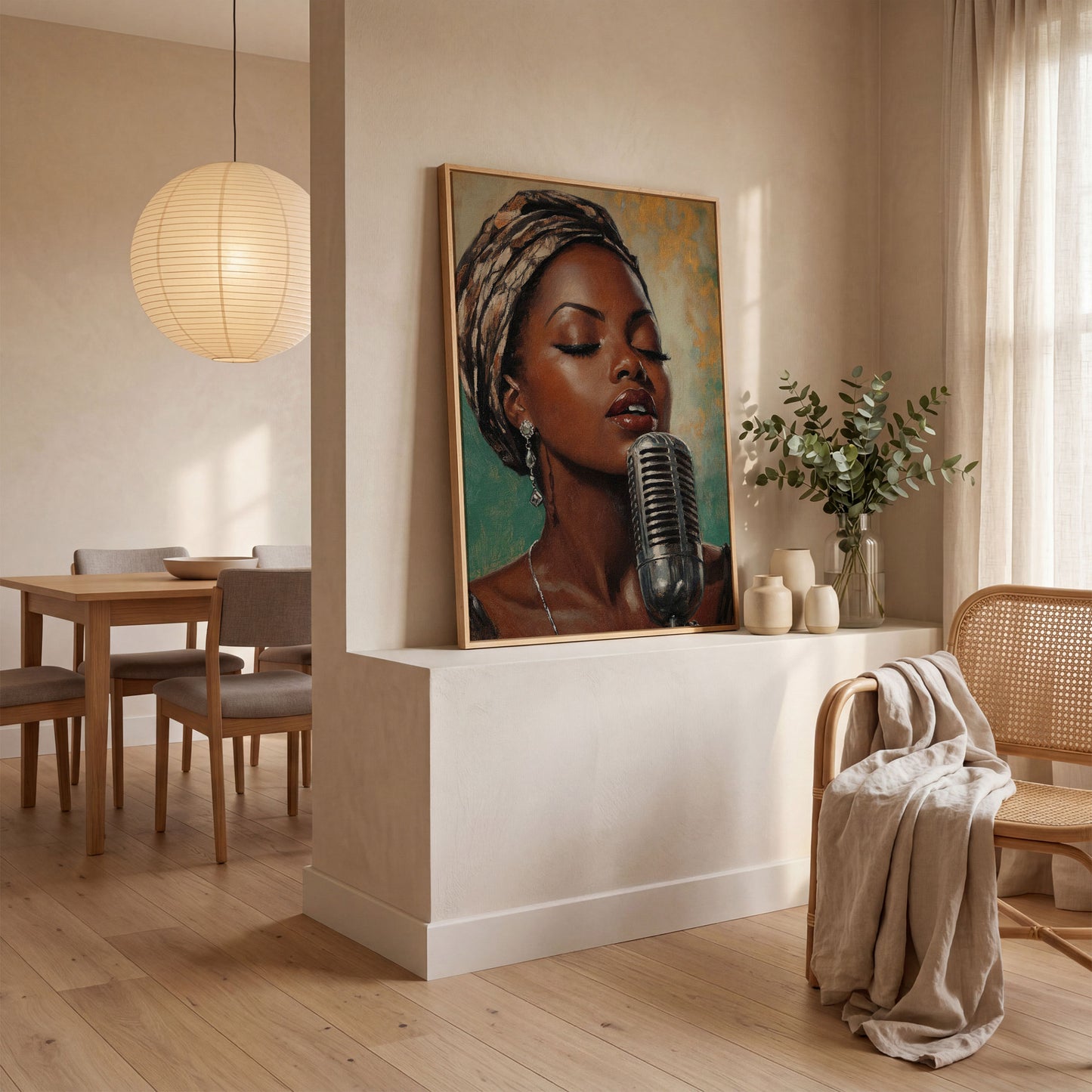 Soulful Jazz Singer Portrait Canvas Wall Art in white oak floating frame