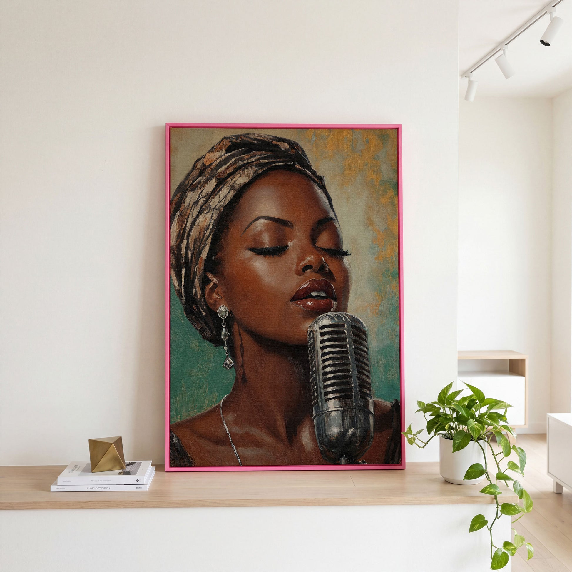 Soulful Jazz Singer Portrait Canvas Wall Art in pink floating frame