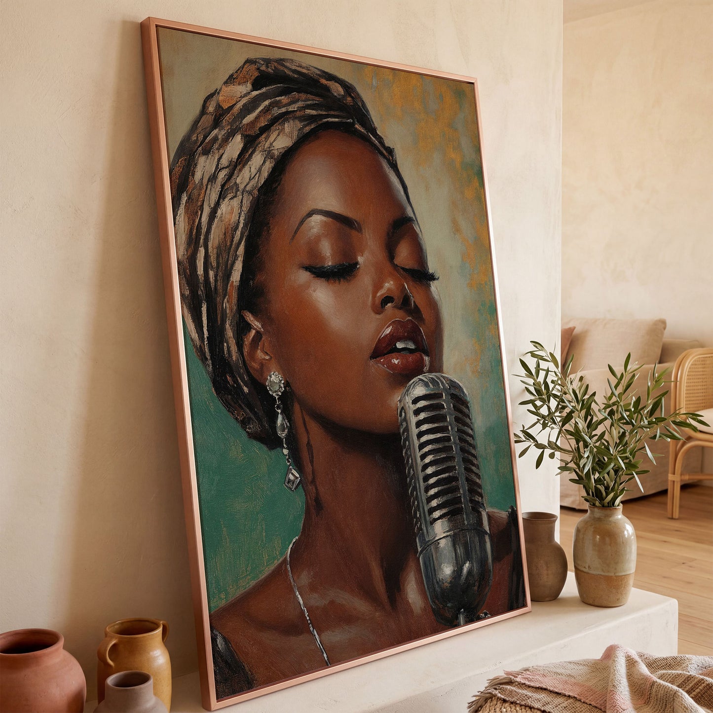 Soulful Jazz Singer Portrait Canvas Wall Art in rose gold floating frame
