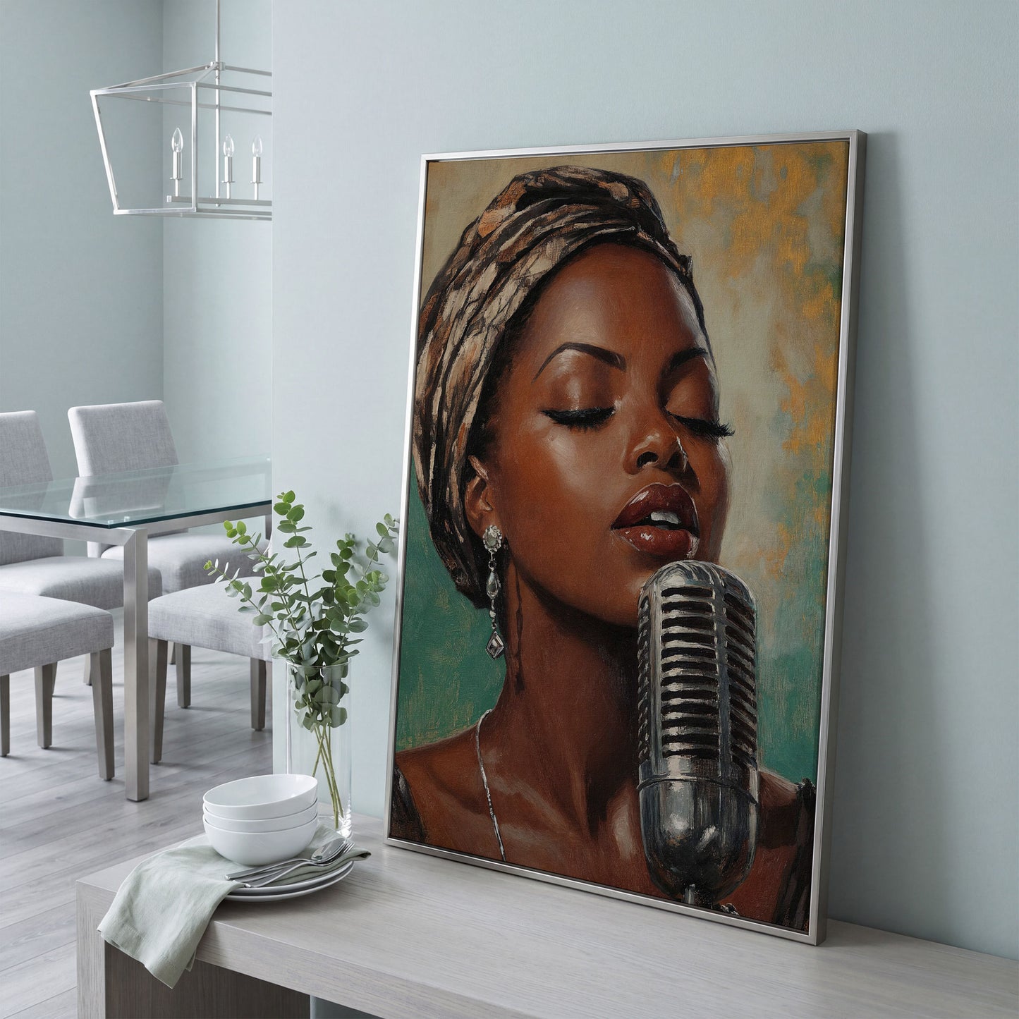 Soulful Jazz Singer Portrait Canvas Wall Art in silver floating frame