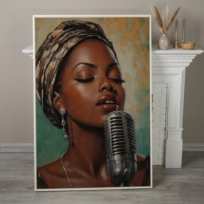 Soulful Jazz Singer Portrait Canvas Wall Art in white floating frame