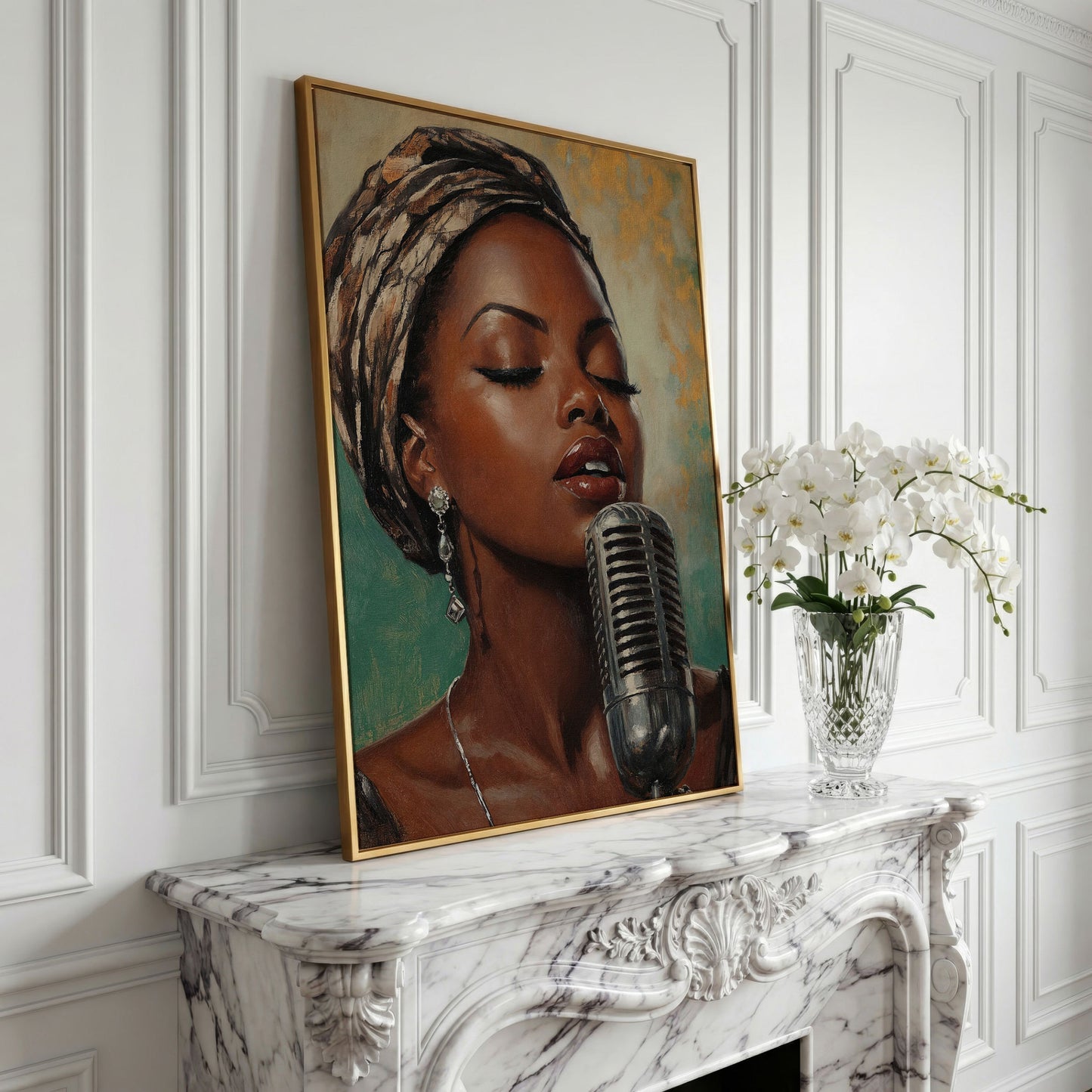 Soulful Jazz Singer Portrait Canvas Wall Art in yellow gold floating frame