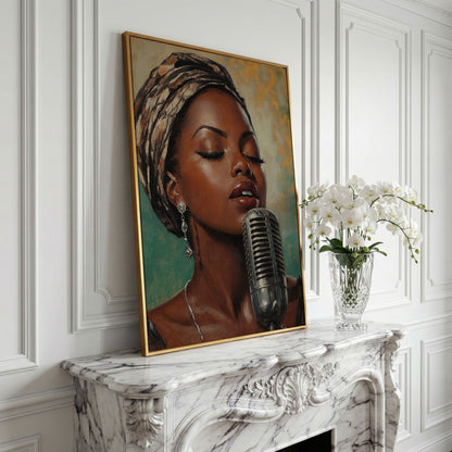 Soulful Jazz Singer Portrait Canvas Wall Art in yellow gold floating frame