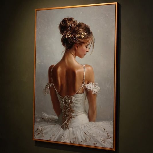 Ballerina in White Canvas Art, Portrait View From Behind shown in antique gold floating frame