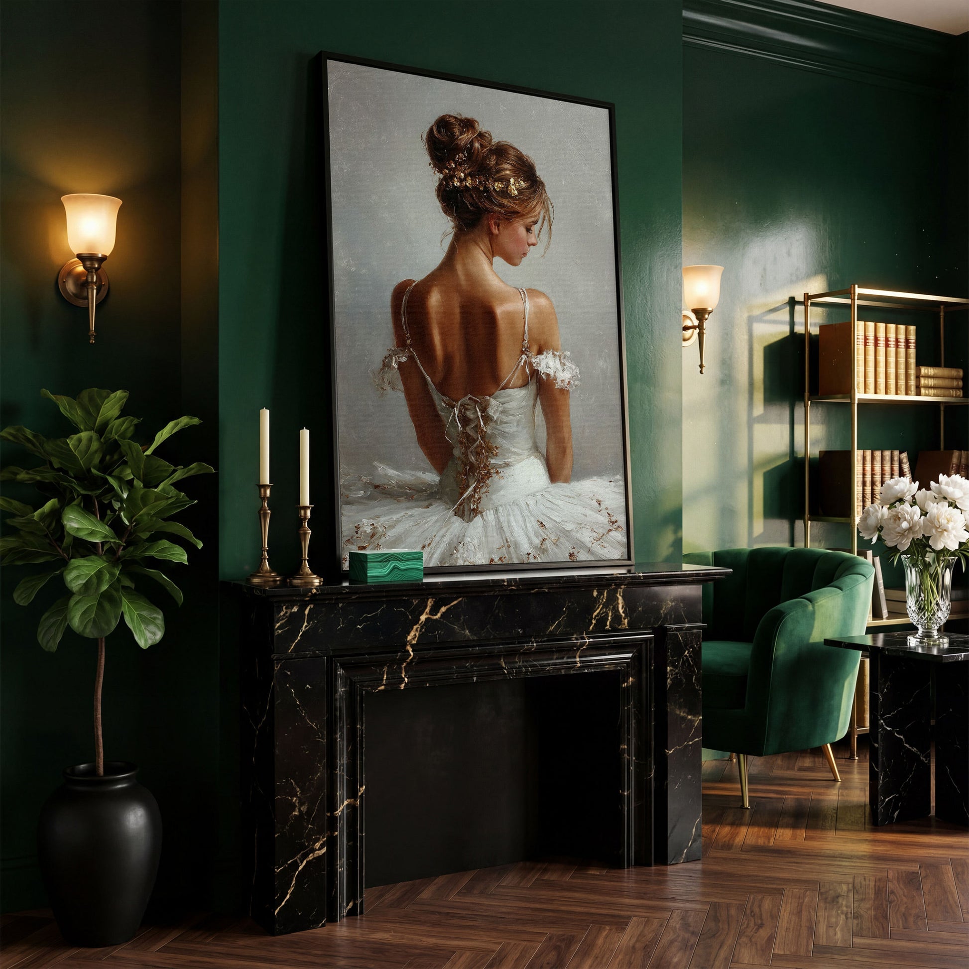 Ballerina in White Canvas Art, Portrait View From Behind in black floating frame