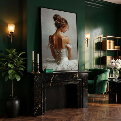Ballerina in White Canvas Art, Portrait View From Behind in black floating frame