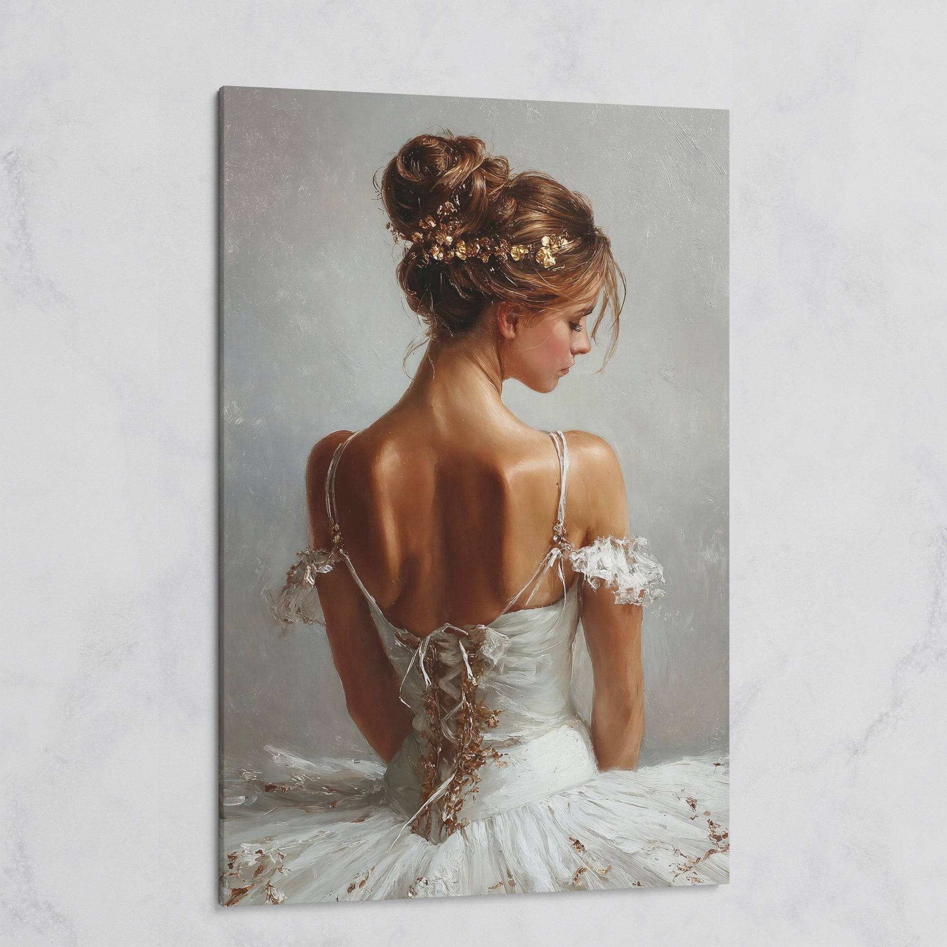 Ballerina in White Canvas Art, Portrait View From Behind on gallery wrap