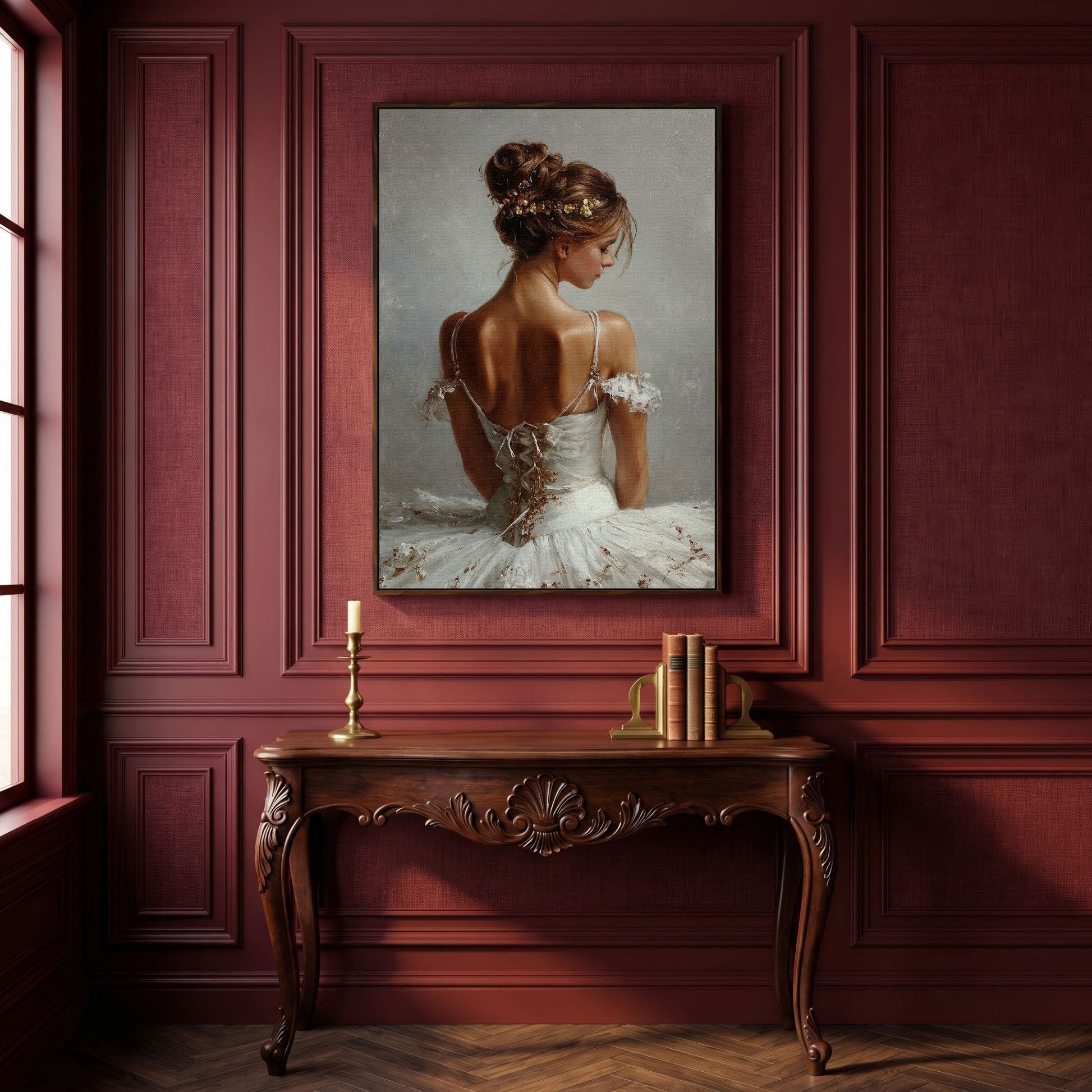 Ballerina in White Canvas Art, Portrait View From Behind in dark walnut floating frame