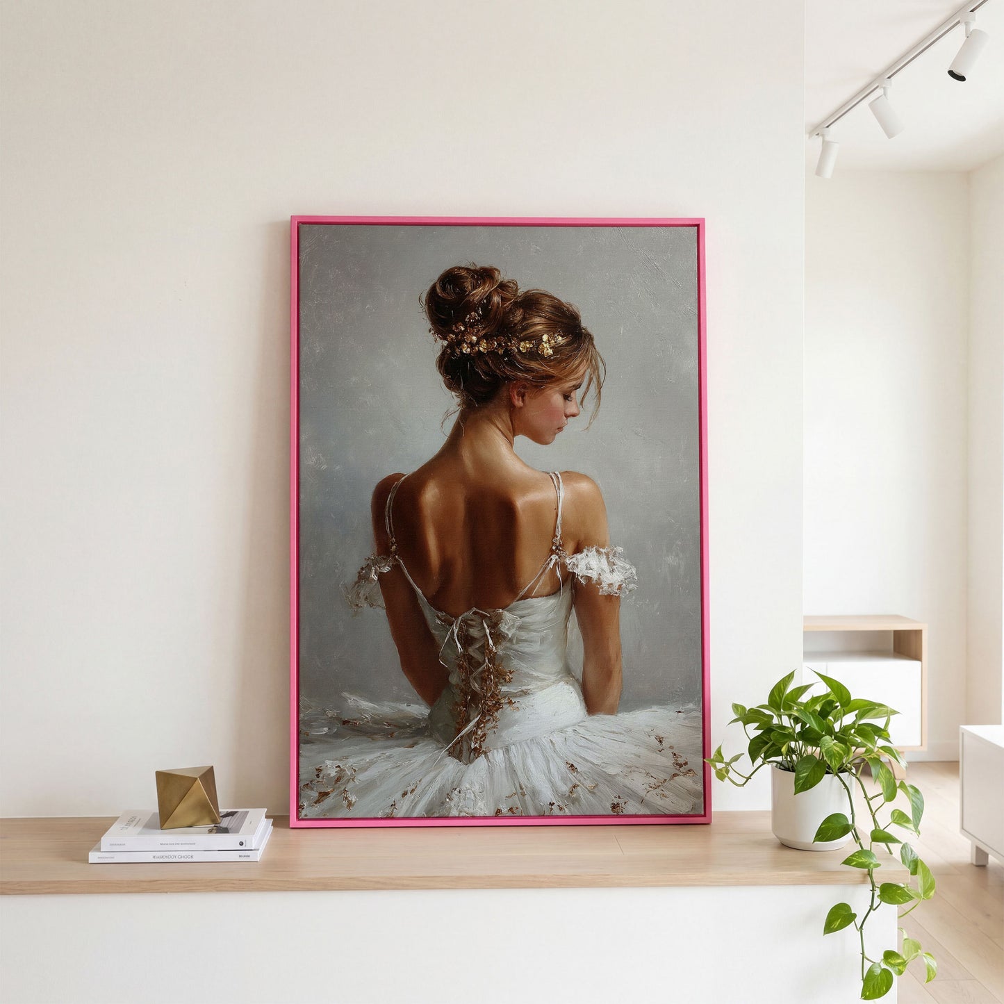 Ballerina in White Canvas Art, Portrait View From Behind in pink floating frame
