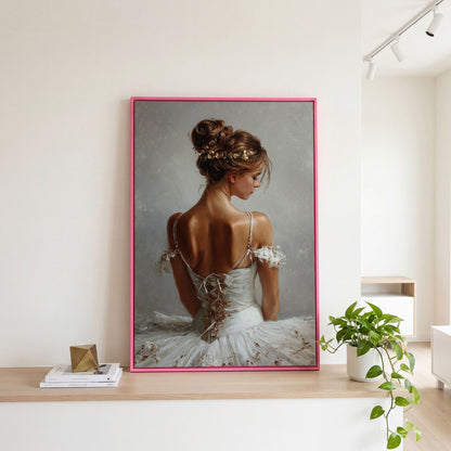 Ballerina in White Canvas Art, Portrait View From Behind in pink floating frame