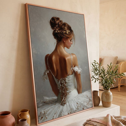 Ballerina in White Canvas Art, Portrait View From Behind in rose gold floating frame
