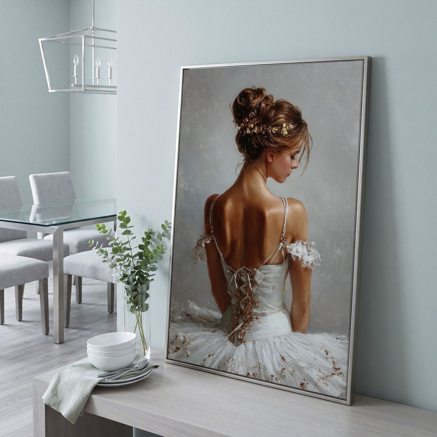 Ballerina in White Canvas Art, Portrait View From Behind in silver floating frame