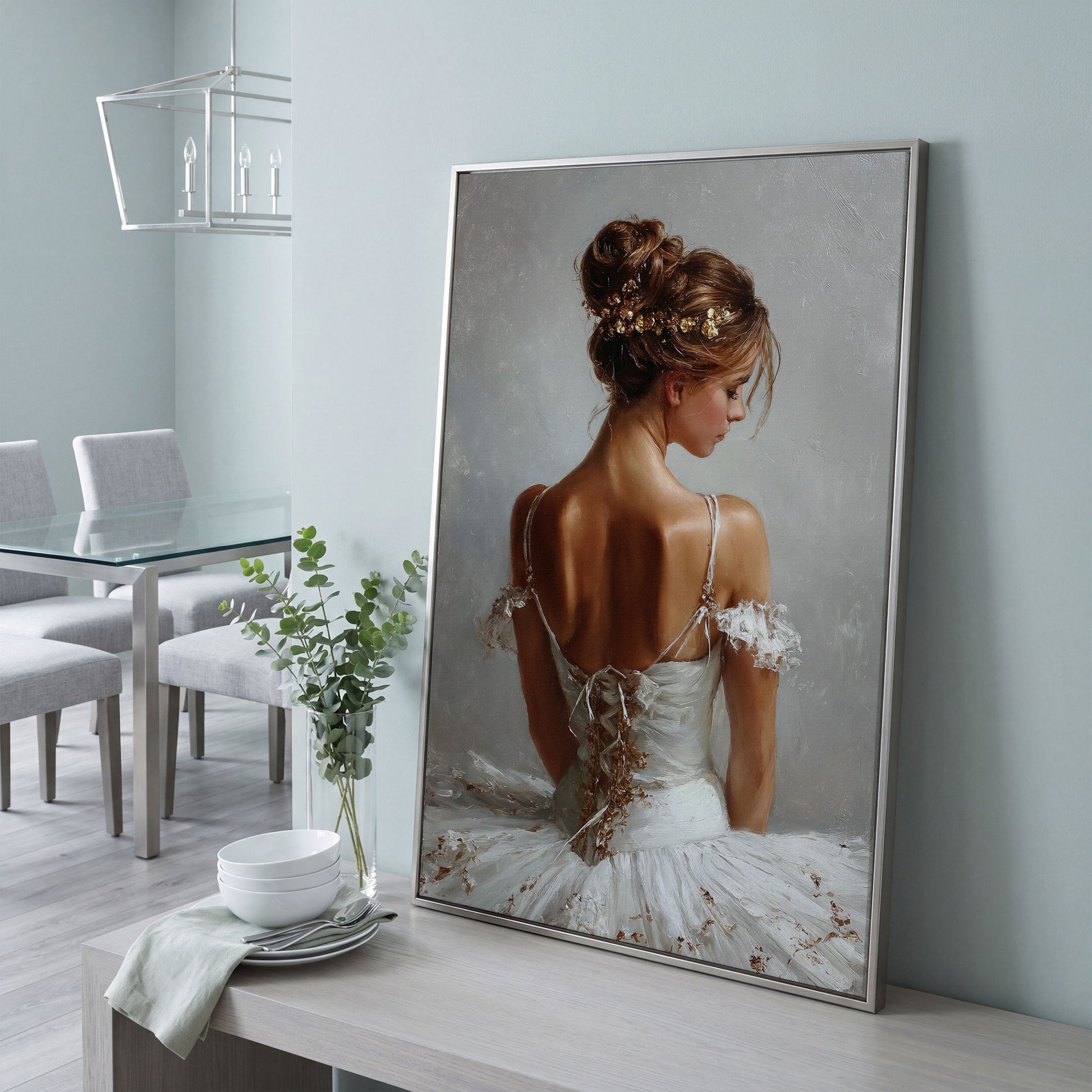 Ballerina in White Canvas Art, Portrait View From Behind in silver floating frame